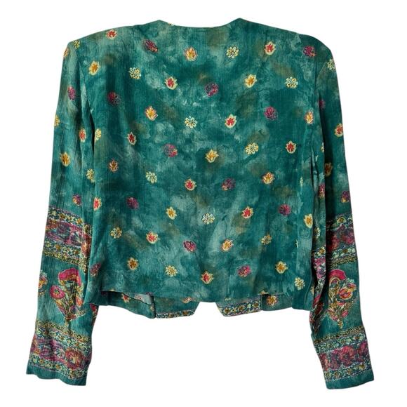 Carole Little Vintage Green Floral Cropped Tasseled Blouse Size 8P - Picture 2 of 8